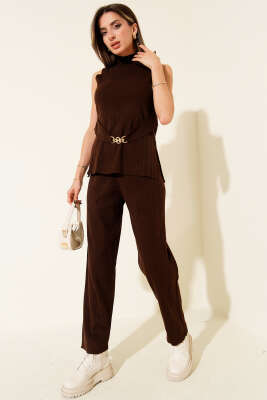 Pazarium - Fitilli Gold Broş Detaylı Triko İkili Takım Acı Kahve