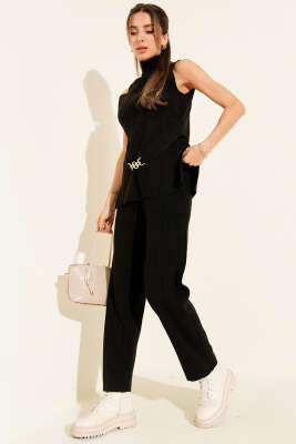 Pazarium - Fitilli Gold Broş Detaylı Triko İkili Takım Siyah