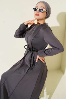 Pazarium - Scuba Deri Kemerli Elbise Füme