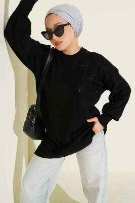 Pazarium - Çiçek Detaylı Yumoş Triko Tunik Siyah