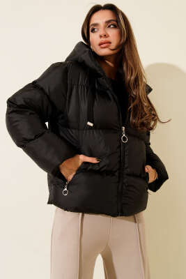 Pazarium - Kapşonlu Kısa Şişme Mont Siyah