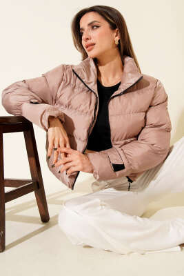 Dik Yaka Fermuarlı Kısa Şişme Mont Gül Kurusu - Thumbnail