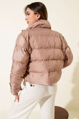 Dik Yaka Fermuarlı Kısa Şişme Mont Gül Kurusu - Thumbnail