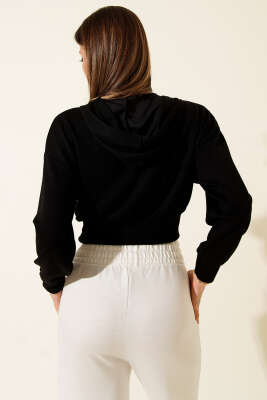 Kapşonlu Fermuarlı Kısa Hırka Siyah - Thumbnail