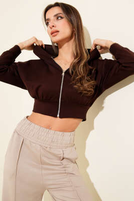 Pazarium - Kapşonlu Fermuarlı Kısa Hırka Kahve