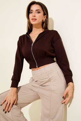 Kapşonlu Fermuarlı Kısa Hırka Kahve - Thumbnail