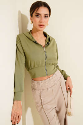 Pazarium - Kapşonlu Fermuarlı Kısa Hırka Haki