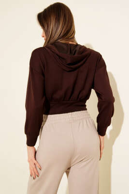 Kapşonlu Fermuarlı Kısa Hırka Kahve - Thumbnail