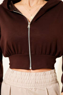 Kapşonlu Fermuarlı Kısa Hırka Kahve - Thumbnail