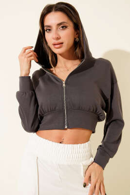 Kapşonlu Fermuarlı Kısa Hırka Füme - Thumbnail