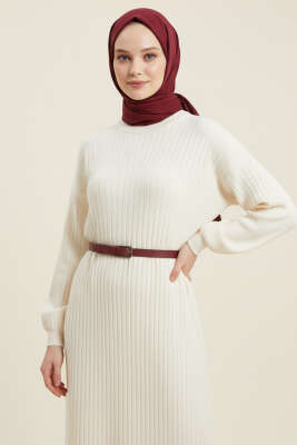 Pazarium - İnce Çizgili Salaş Triko Elbise Ekru