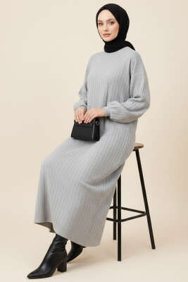 Pazarium - İnce Çizgili Salaş Triko Elbise Gri