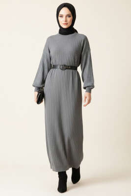 Pazarium - İnce Çizgili Salaş Triko Elbise Füme