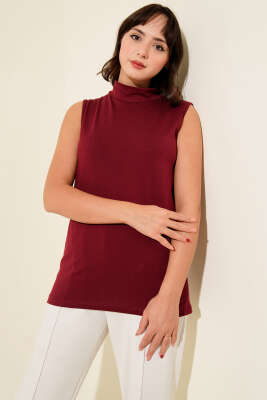 Pazarium - Balıkçı Yaka Kolsuz Bordo Bluz