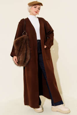 Pazarium - Basic Çift Cepli Uzun Triko Hırka Kahve