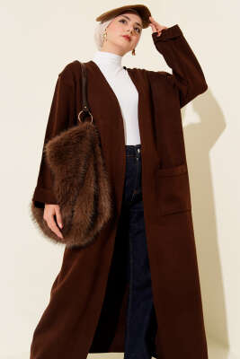 Basic Çift Cepli Uzun Triko Hırka Kahve - Thumbnail