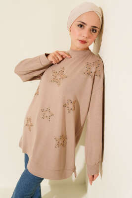 Pazarium - Mini Yıldız Taşlı Tunik Bej