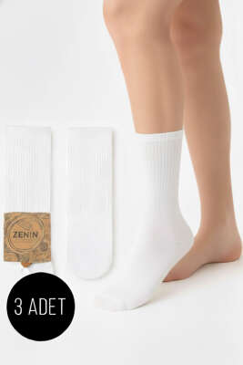 Pazarium - Kadın 3'lü Havlu Taban Fitilli Çorap Beyaz