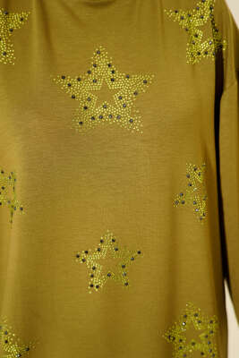 Mini Yıldız Taşlı Tunik Yağ Yeşili - Thumbnail