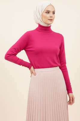 Pazarium - Kol Düğmeli Balıkçı Yaka Triko Kazak Pembe