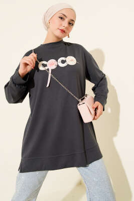 Pazarium - Loyşa Coco Yazı Süslemeli Tunik Füme