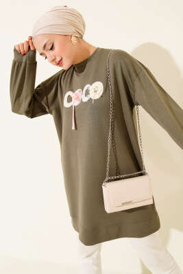 Pazarium - Loyşa Coco Yazı Süslemeli Tunik Haki