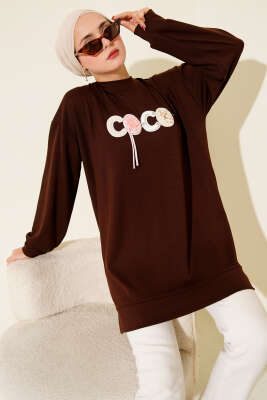 Pazarium - Loyşa Coco Yazı Süslemeli Tunik Kahve