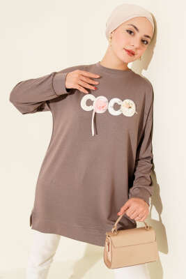 Pazarium - Loyşa Coco Yazı Süslemeli Tunik Vizon