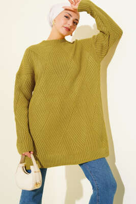 Pazarium - Çizgi Baklava Desen Triko Tunik Yağ Yeşili