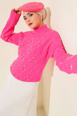 Pazarium - Dik Yaka Taşlı Triko Kazak Pembe