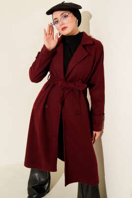 Pazarium - Kruvaze Yaka İki Düğmeli Kaşe Kaban Burgonya