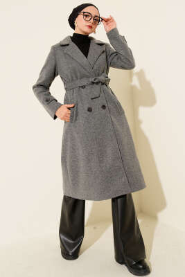 Pazarium - Kruvaze Yaka İki Düğmeli Kaşe Kaban Füme