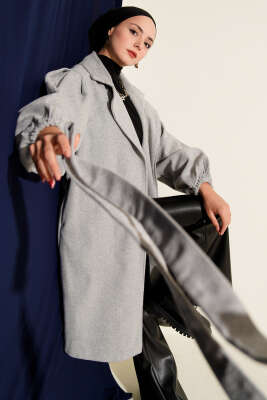 Pazarium - Kruvaze Yaka Balon Kol Kuşaklı Kaban Gri