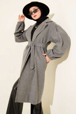 Pazarium - Kruvaze Yaka Balon Kol Kuşaklı Kaban Füme