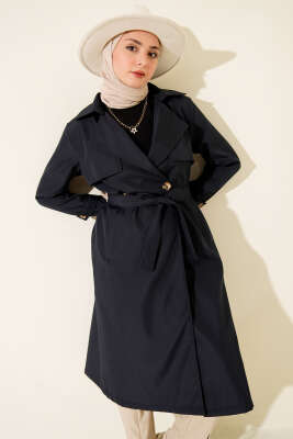 Pazarium - Pelerinli Tek Düğmeli Kuşaklı Trençkot Lacivert