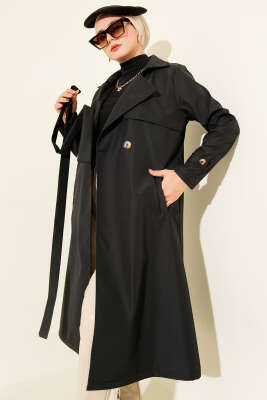 Pazarium - Pelerinli Tek Düğmeli Kuşaklı Trençkot Siyah