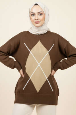 Pazarium - Baklava Desen Triko Kazak Kahve Latte