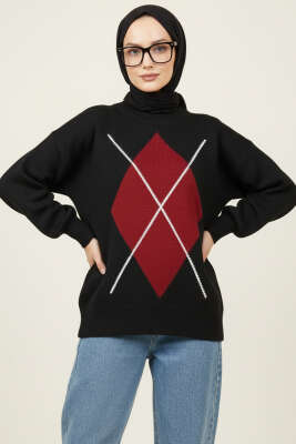 Pazarium - Baklava Desen Triko Kazak Siyah Bordo