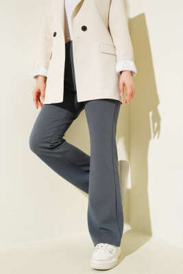 Pazarium - İspanyol Paça Bel Lastikli Pantolon Füme