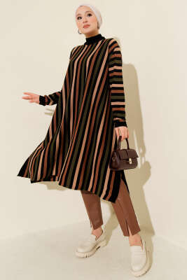 Pazarium - Salaş Uzun Çizgili Triko Tunik Siyah