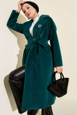 Pazarium - Goldfox Kuşaklı Kaşe Kaban Zümrüt