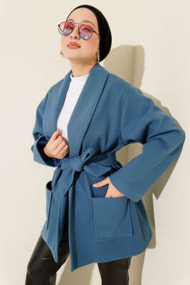 Pazarium - Çift Cepli Kruvaze Kuşaklı Kısa Kaban Mavi