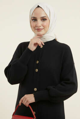 Metal Düğmeli Uzun Sakallı Hırka Siyah - Thumbnail