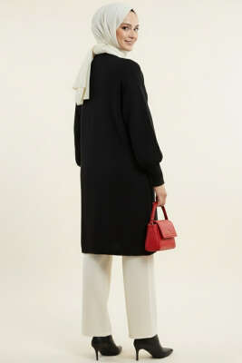 Metal Düğmeli Uzun Sakallı Hırka Siyah - Thumbnail