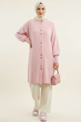 Metal Düğmeli Uzun Sakallı Hırka Pembe - Thumbnail