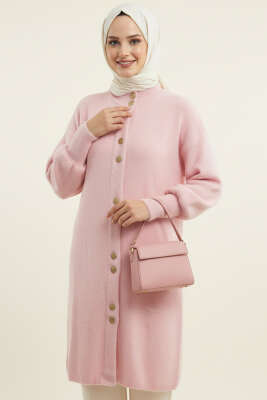 Metal Düğmeli Uzun Sakallı Hırka Pembe - Thumbnail