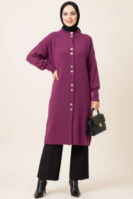 Metal Düğmeli Uzun Sakallı Hırka Mürdüm - Thumbnail