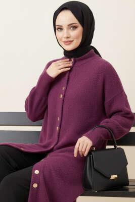 Metal Düğmeli Uzun Sakallı Hırka Mürdüm - Thumbnail