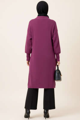 Metal Düğmeli Uzun Sakallı Hırka Mürdüm - Thumbnail