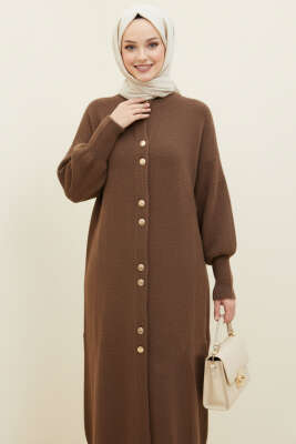 Metal Düğmeli Uzun Sakallı Hırka Kahve - Thumbnail